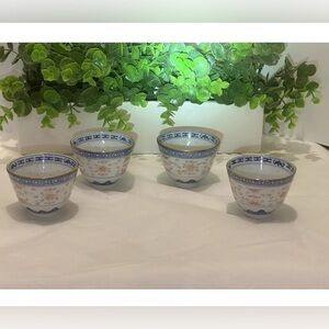 4 Vintage Chinese Jindezhen Rice Grain Pattern Blue White Pair Tea Cups
